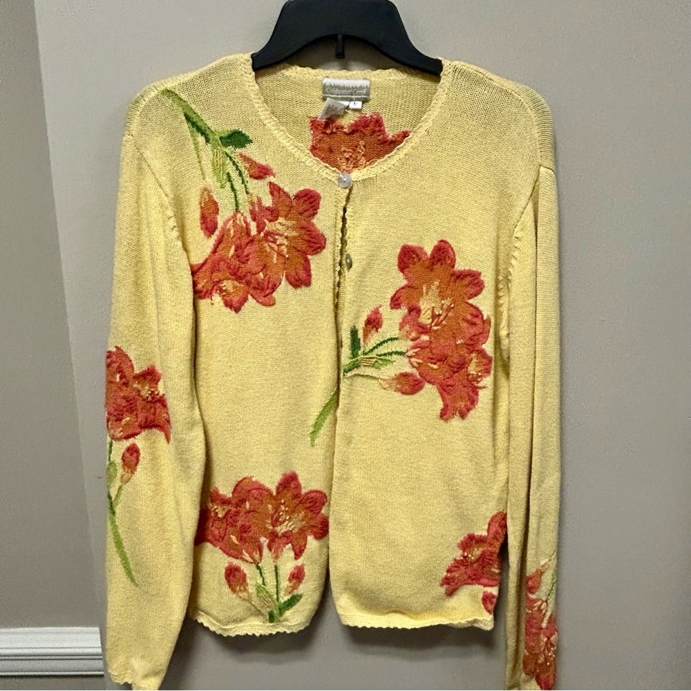 Floral Embroidered Yellow Cardigan Sweater Sz M Coldwater Creek GUC